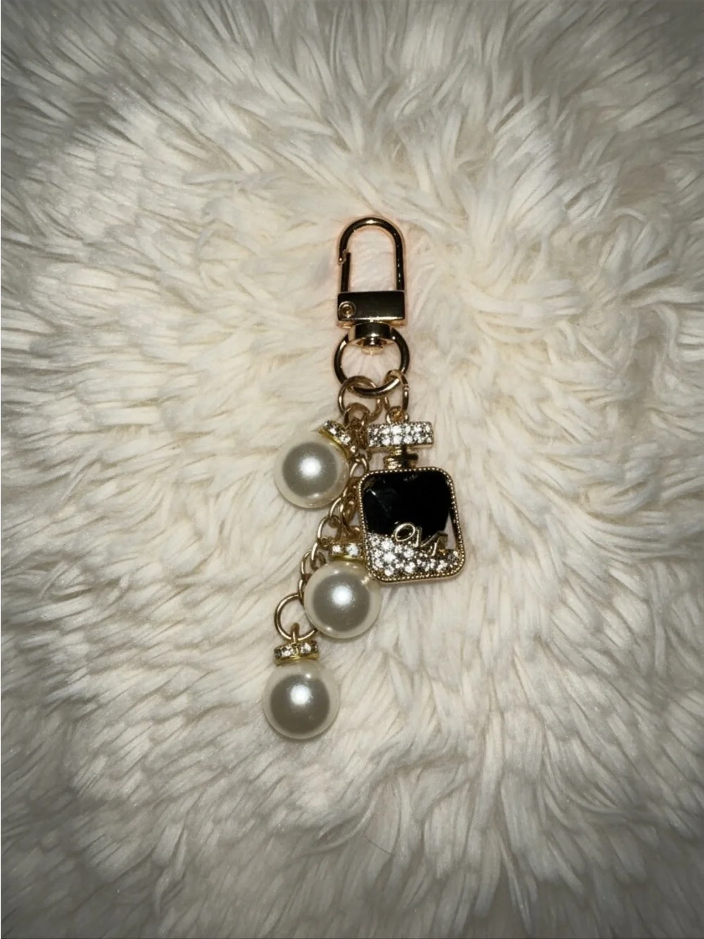 Gold Pearl Black Charm Purse Keychain with Crystal Perfume Bottle Accent